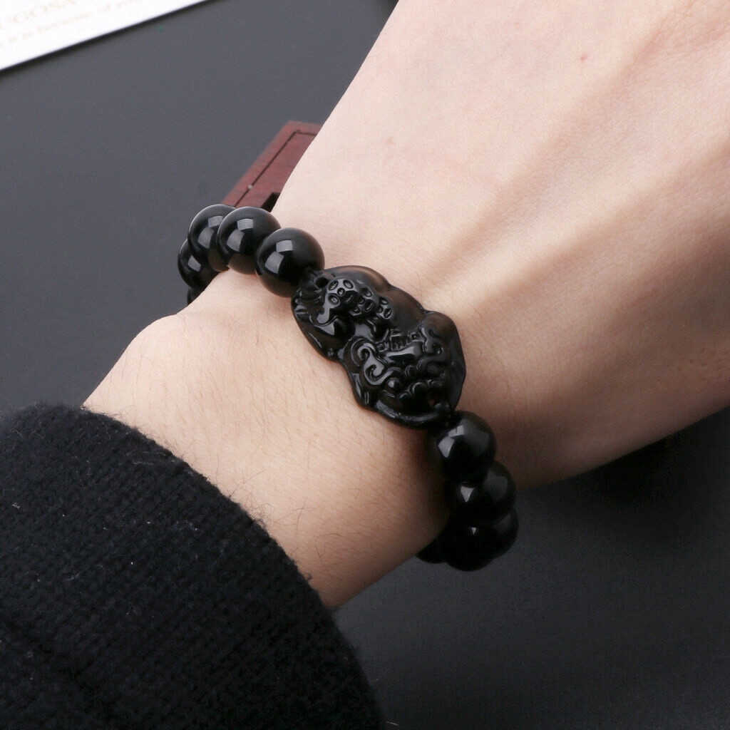 Vòng tay dây bện đính đá obsidian thời trang unisex