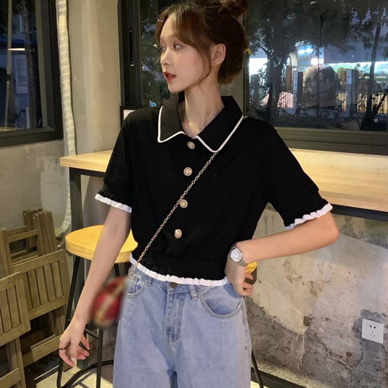 Áo thun tay ngắn có cổ bèo ngọt ngào thời trang cho nữ