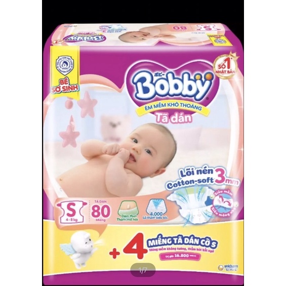 Bĩm dán bobby,tã dán sơ sinh siêu thấm bobby đủ size xs70 s56 s80  tặng kèm thêm miếng mẫu mới lõi nén thần kỳ