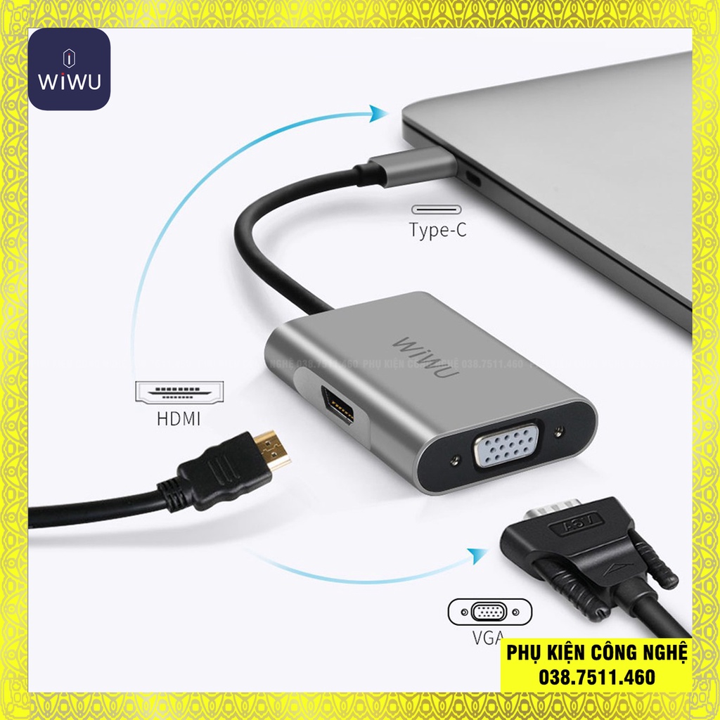 HUB adapter chuyển đổi 2-in-1 WIWU Alpha A20VH hỗ trợ Macbook