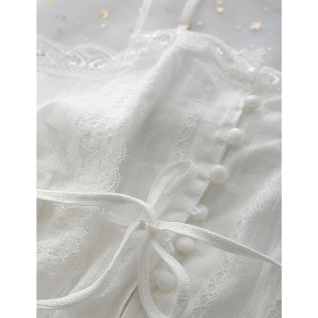 Bộ ngủ đũi 2 dây sexy màu trắng dễ thương - Bộ đồ ngủ cosplay phối ren mùa hè mát mẻ | BigBuy360 - bigbuy360.vn