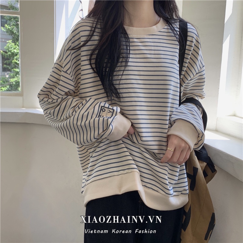 Xiaozhainv Áo thun tay dài cổ tròn họa tiết kẻ sọc phong cách Hàn Quốc thời trang cho nữ