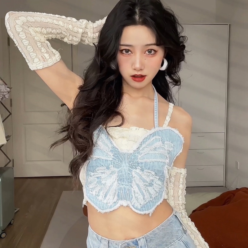 #22 Áo yếm jean nữ bò croptop 2 dây + áo ống tay dài rời ôm body