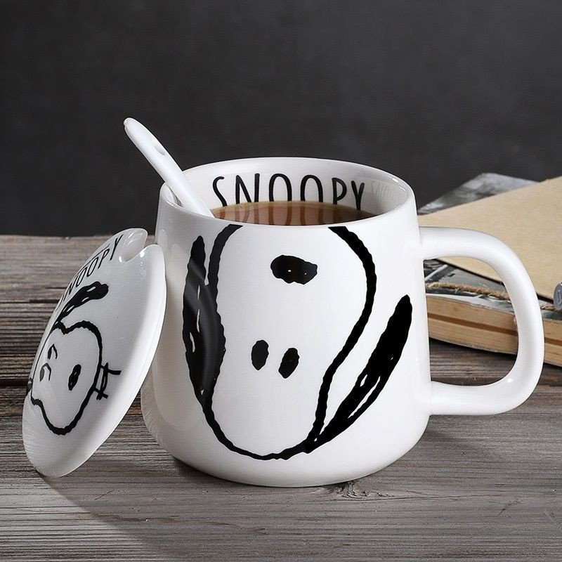 Dễ Thương Cốc Sứ Uống Trà Cà Phê Có Nắp Và Muỗng Hình Snoopy Đáng Yêu