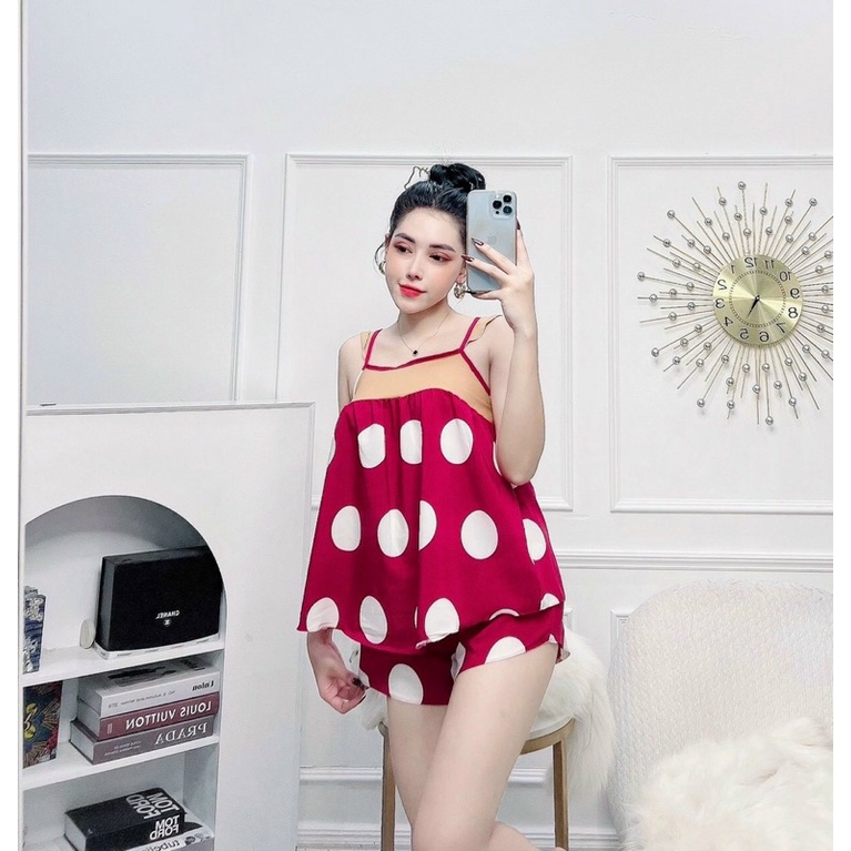Bộ đồ ngủ mặc nhà lụa Hàn tay cánh tiên họa tiết xinh