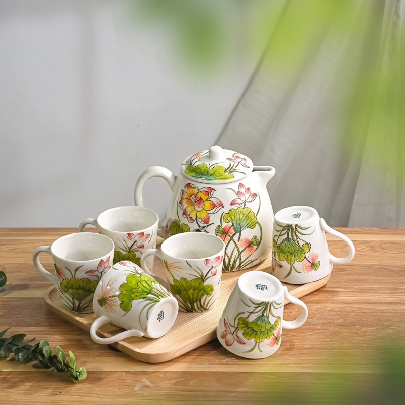 Bộ ấm chén trà - Bộ bình uống nước họa tiết vẽ tay Gốm Sứ Bát Tràng cao cấp