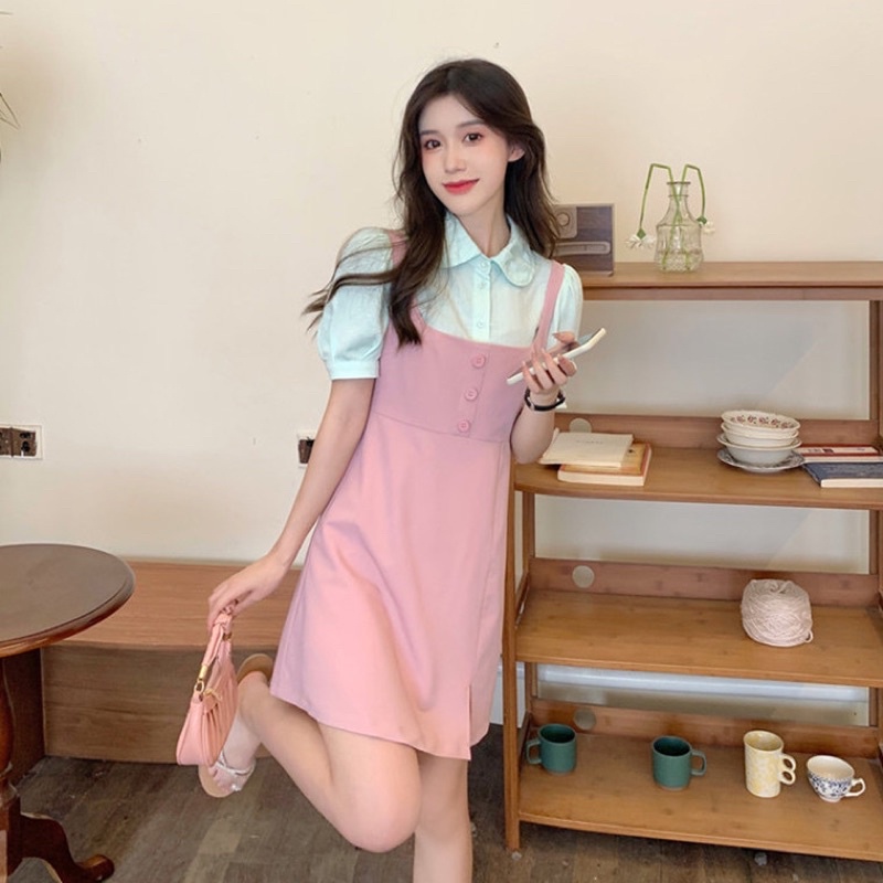 Sét yếm kèm áo  sơ mi tay phồng