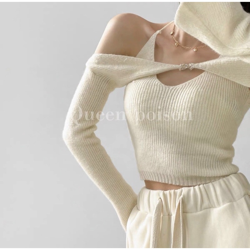 Áo len giấy mỏng trễ vai cổ yếm kiếu mới, chất len monhtoghi