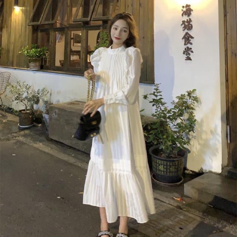 Đầm maxi trắng đuôi cá xếp ly dáng rộng tay bo/ Váy tiểu thư basic phong cách vintage đi du lịch