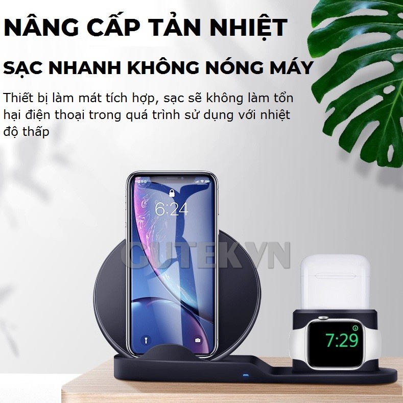 Đế sạc không dây 3 trong 1 sạc nhanh 10w cho IP smart watch tai nghe bluetooth aripods - Gutek BXD-08A