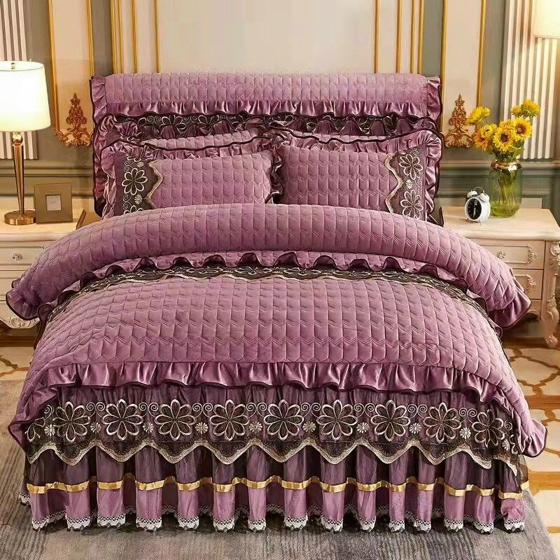 Bộ ga gối phủ bèo ren nỉ nhung Hoàng Gia sang trọng