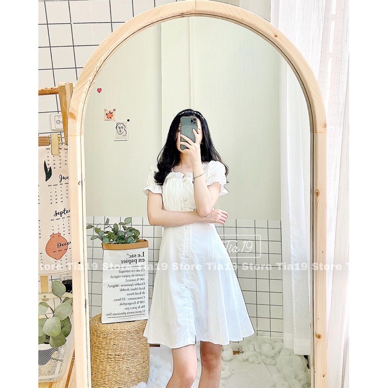 Váy trắng cúc bọc cộc tay . Đầm cổ vuông dáng xoè ulzzang Tia19 ( Ảnh thật)
