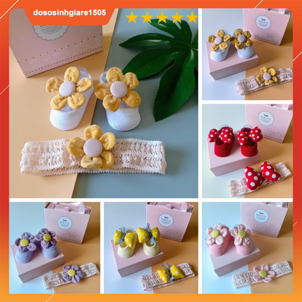 Set 1 Đôi vớ và 1 Băng đô (hàng không hộp) cho bé gái từ 0-5 tháng/ Set tất + băng đô (cho chọn mẫu)