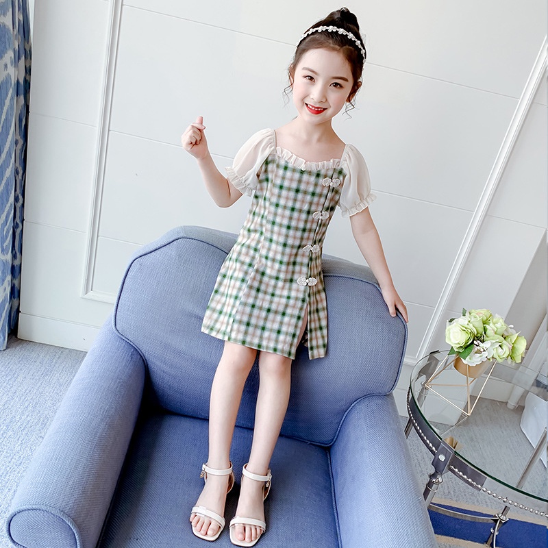 SANITKUN Đầm công chúa sườn xám họa tiết caro thời trang năm mới cho bé