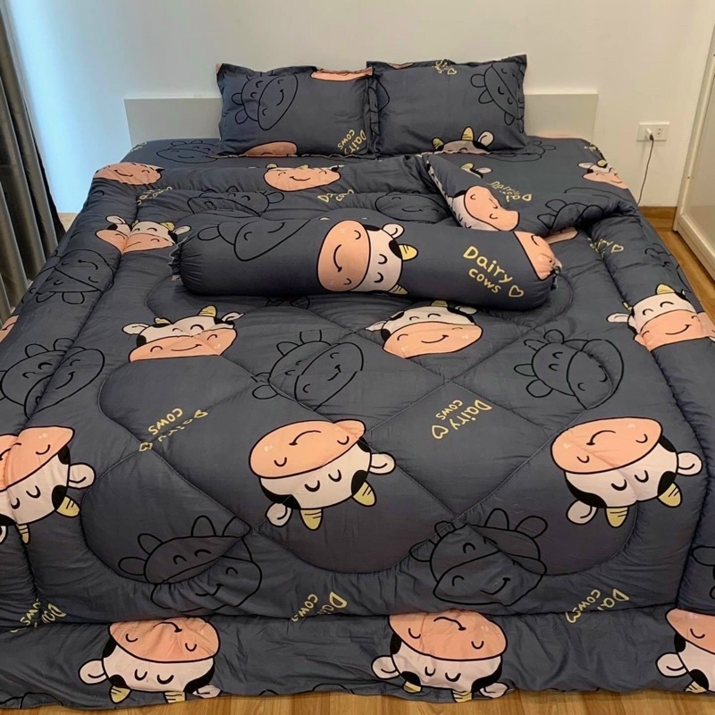 Trọn bộ 5 món ga gối chăn phao poly cotton có ruột bông dày loại 1 | BigBuy360 - bigbuy360.vn