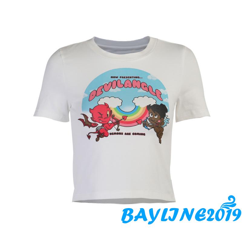 Áo thun dáng lửng ngắn tay in hình thiên thần và ác quỷ thời trang sành điệu dành cho nữ