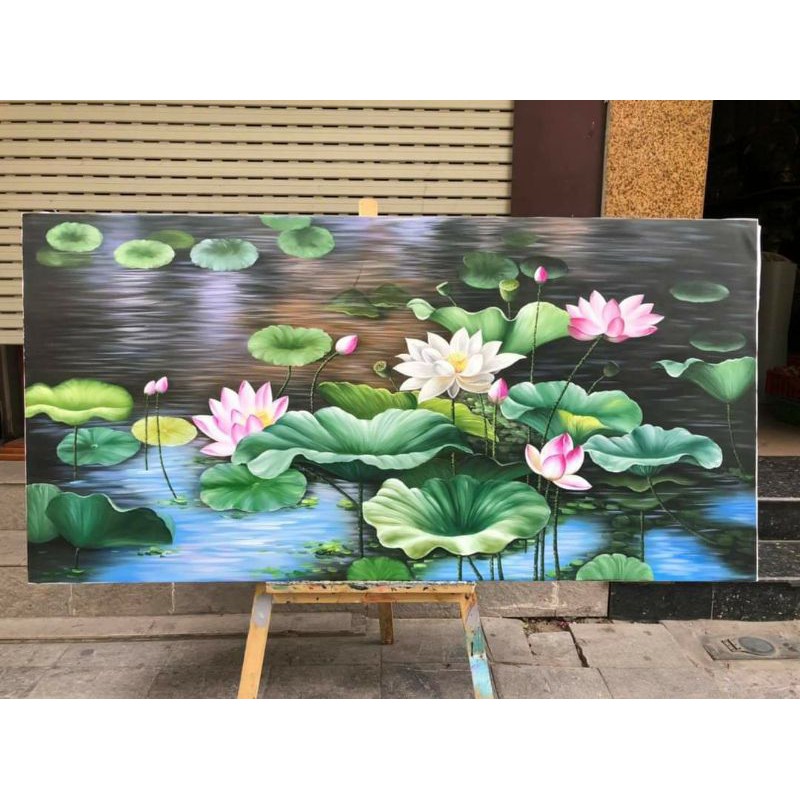 sơn dầu vẽ tay hoa sen khổ 60x1m. zalo 0973074442