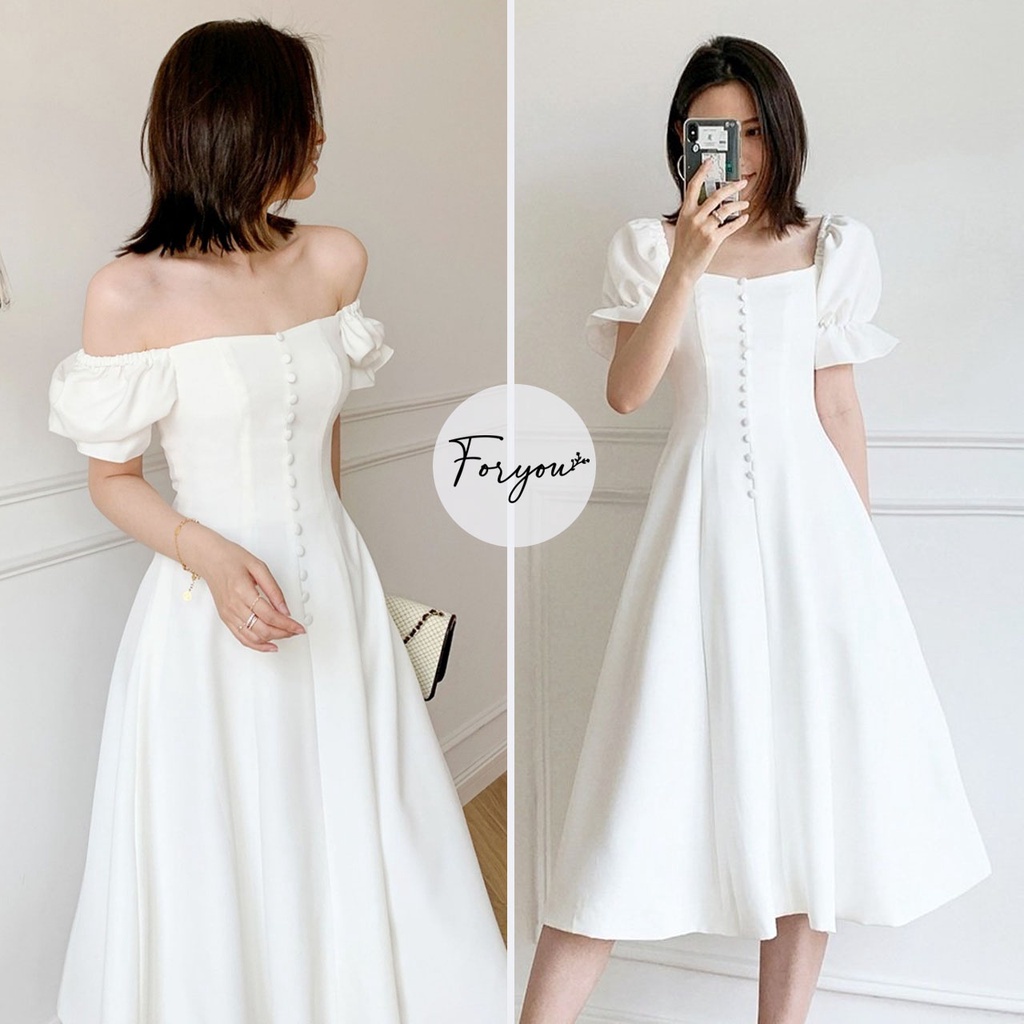 Jami Dress - Váy đầm trắng dáng dài FORYOU tay bồng đính cúc dọc, váy thiết kế xòe thanh lịch