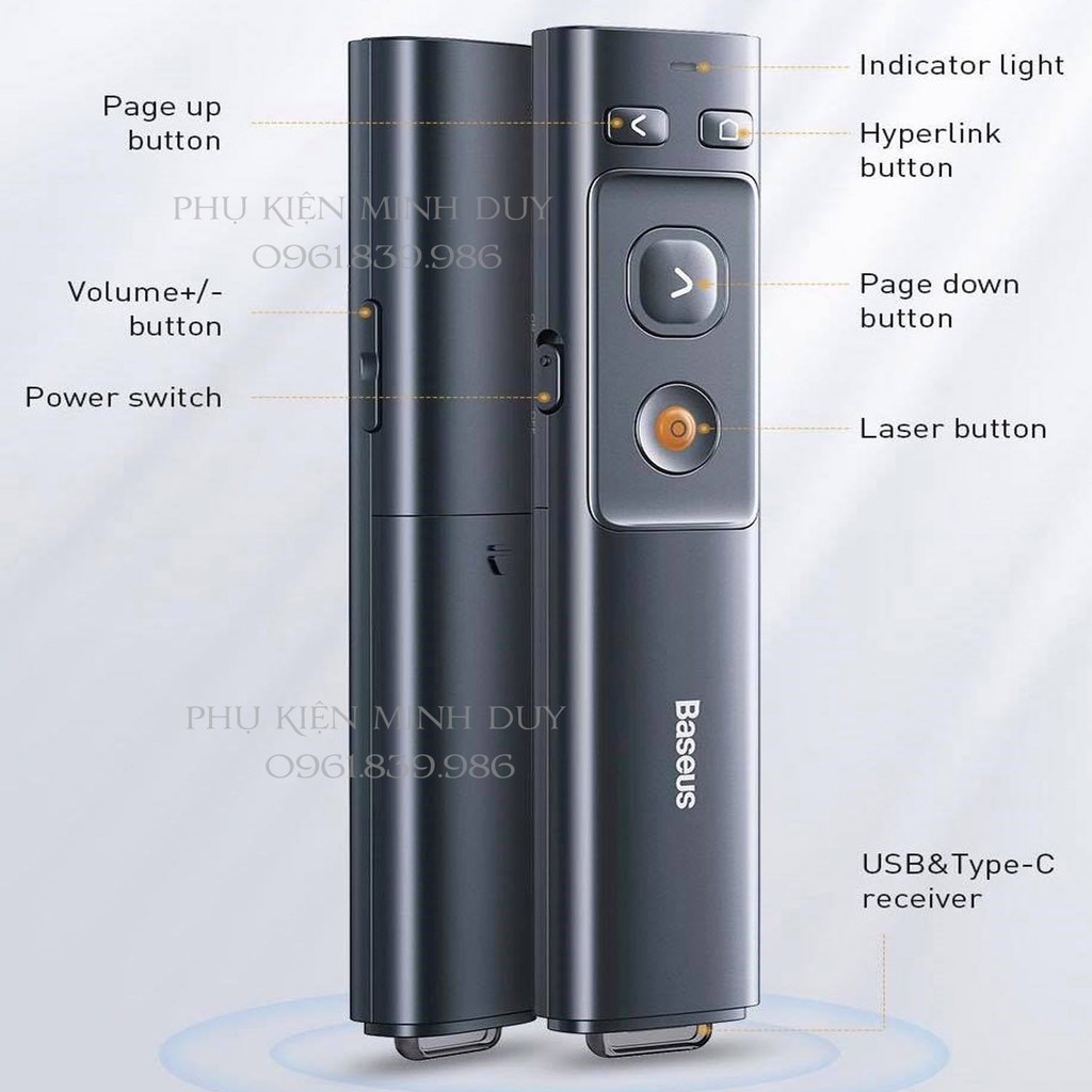 Bút Laser trình chiếu Baseus Orange Dot Wireless Presenter cho Laptop/ Macbook (100m. 2.4Ghz USB/Type-C Receiver...)