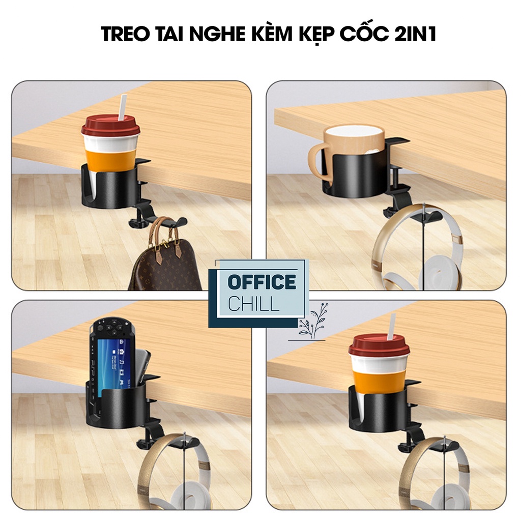 Giá Treo Tai Nghe Kèm Đỡ Cốc Nước 2IN1 Đa Năng Tiện Dụng OFFICE CHILL Xoay 360 Độ