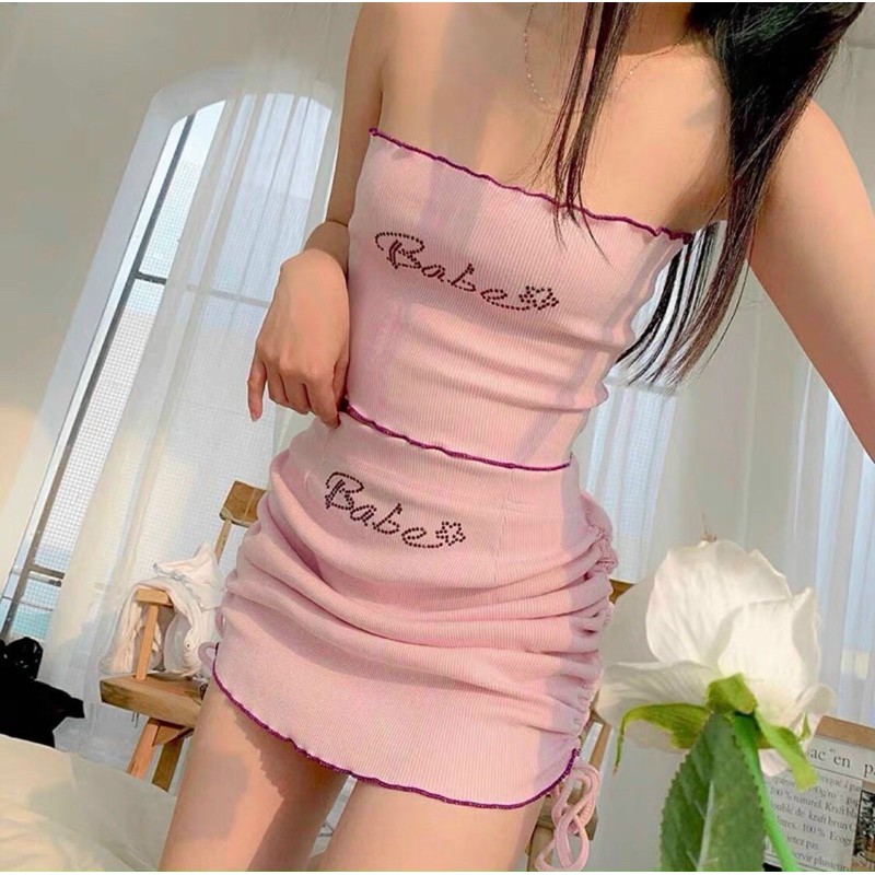 Set bộ áo ống thêu chữ viền bo sẽy chân vây ôm bó