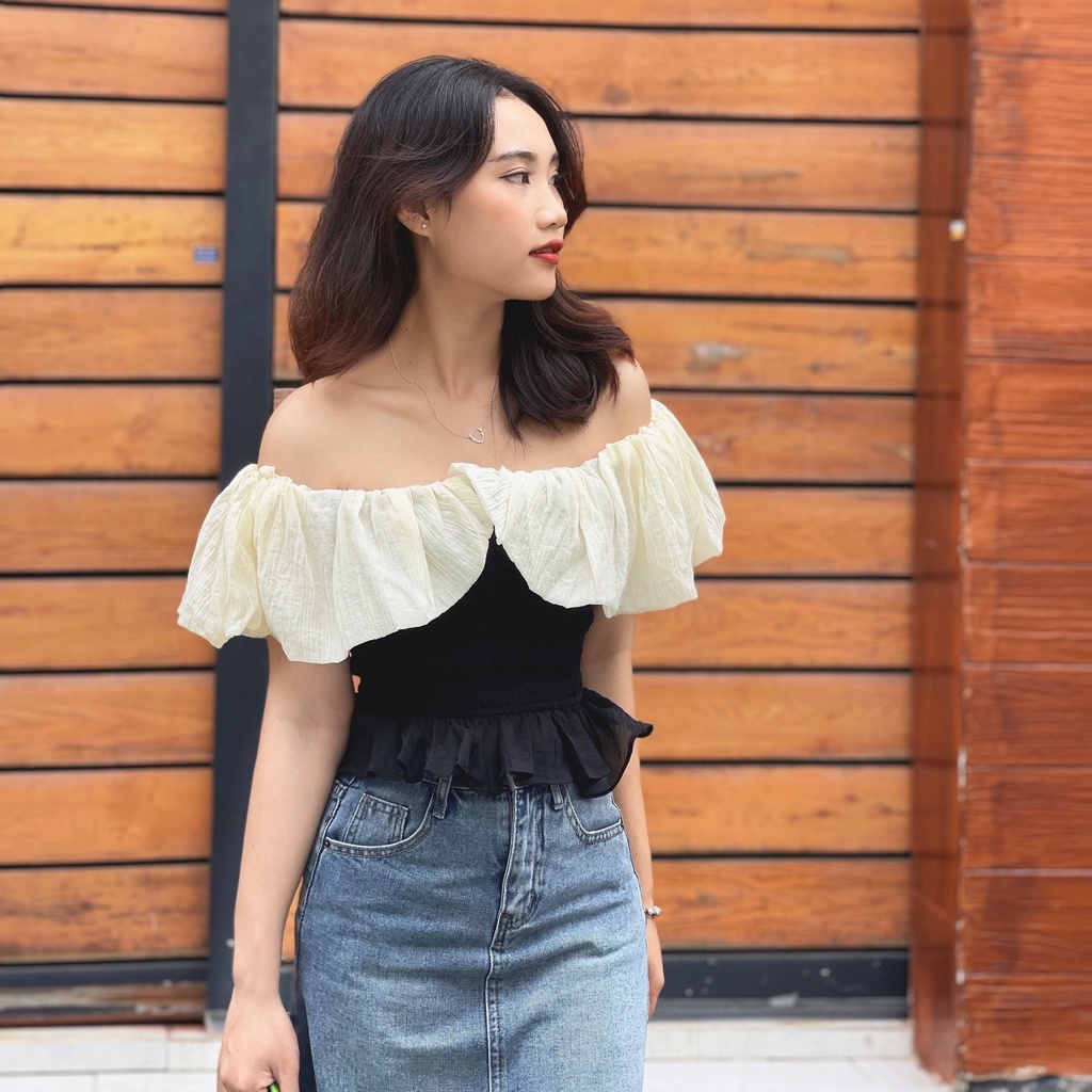 (HÀNG SẴN - HÌNH THẬT) Áo bẹt vai phối cổ voan xinh xắn - Áo croptop mặc được 2 kiểu