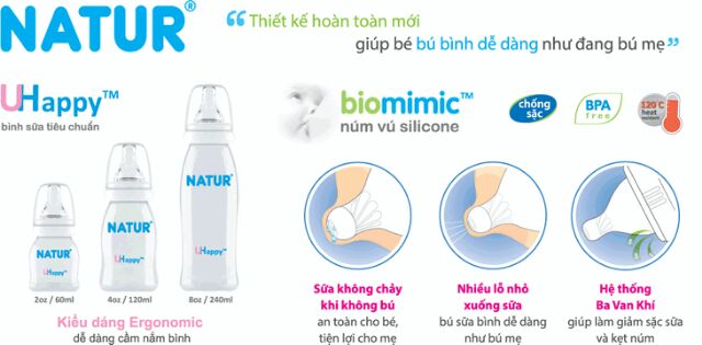 Bình Sữa Natur Uhappy Thái Lan 60ml/ 120ml/ 240ml