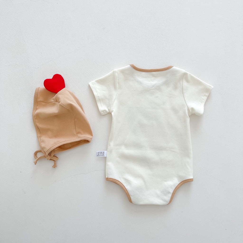 Bộ Áo Liền Quần Tay Ngắn In Hình Gấu + Mũ Dễ Thương Thời Trang Mùa Hè Cho Bé Sơ Sinh