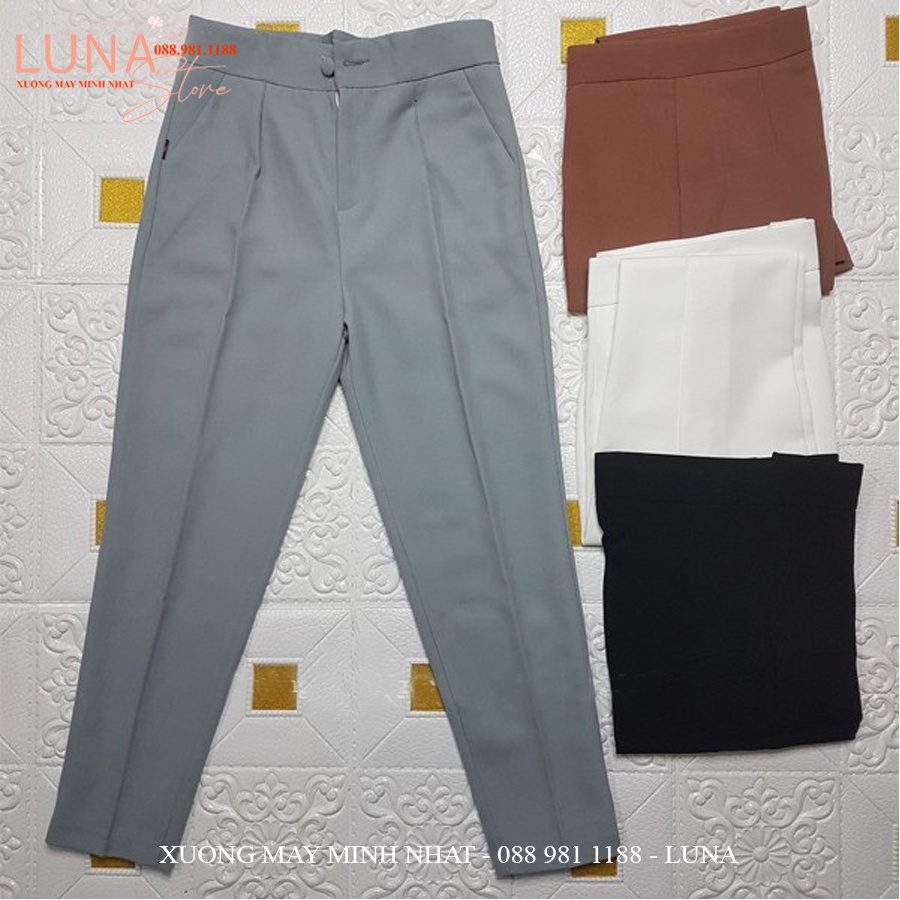 Quần tây baggy công sở nữ lưng cao cúc bọc khuy vải 1 ly màu Đen - Dáng dài ống đứng - Vải tuyết mưa dày mặc đi học làm