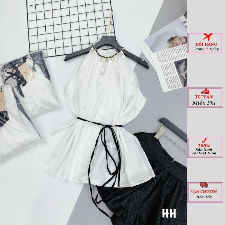 Set Yếm Tơ nữ Quần Short Cạp Cao Sang Trọng, Chất Voan Tơ lót lụa màu trắng chuẩn hàng loại 1 phong cách YoLo-Fashion