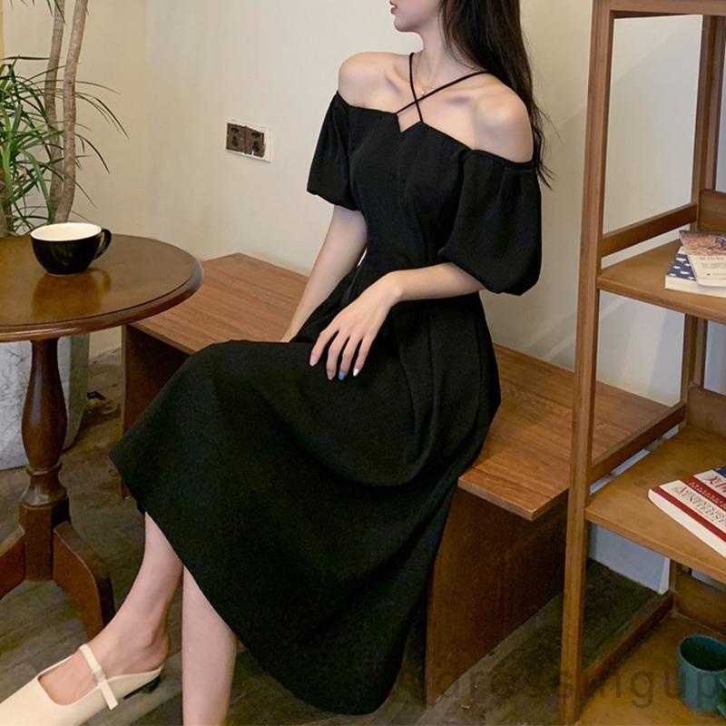 Đầm Midi Ngắn Tay Trễ Vai Lưng Cao Thời Trang Mùa Hè Cho Nữ