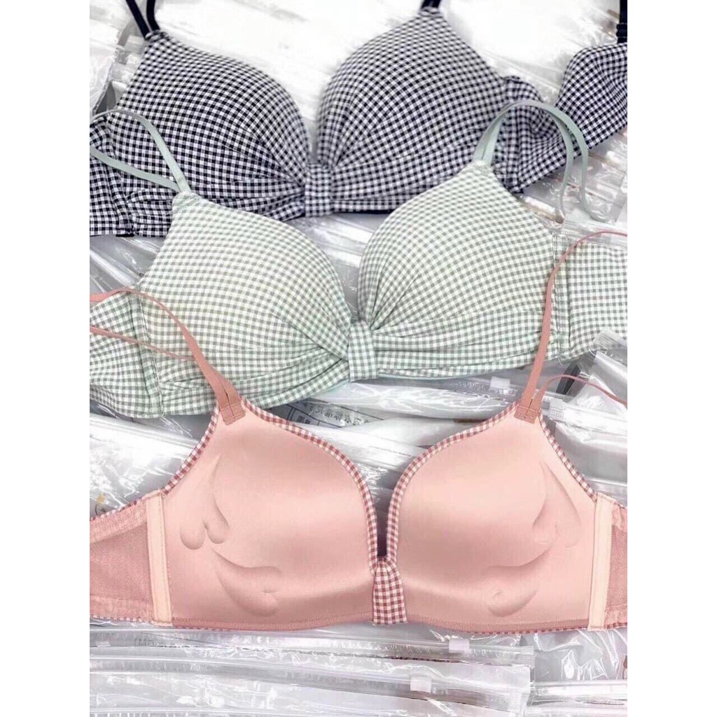 Bộ Áo Lót Nữ Nhún Nơ Kẻ Dây Kép Đệm Vừa + Quần Mã-Áo lót nhún nơ họa tiết kẻ caro nâng ngực- FLA55 | BigBuy360 - bigbuy360.vn