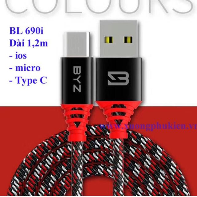 Cáp sạc BYZ 690i dây dù hộp ống nghiệm chân type C