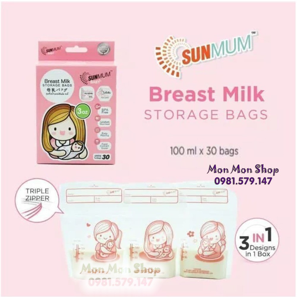 [Tặng bút] Hộp nguyên tem 30 túi trữ sữa Sunmum Thái Lan màu hồng 100ml 3 khóa zipper