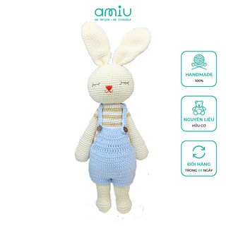 Gấu bông len Amigurumi cao cấp - Thỏ len handmade dễ - Thỏ Lala quần yếm xanh hồng làm quà tặn cho bé.