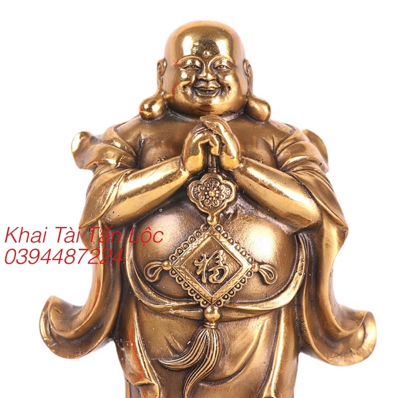 TƯỢNG PHẬT DI LẶC CẦM CHỮ PHÚC ĐỨNG TRÊN CHẬU TỤ BẢO BẰNG ĐỒNG 20cm