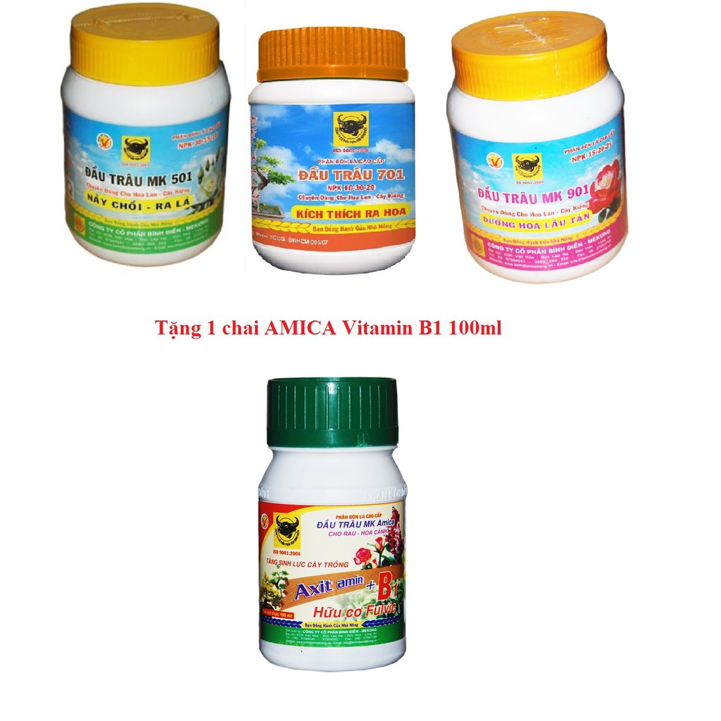 Bộ 3 hủ (1 hủx400g) phân bón NPK Đầu Trâu đủ dinh dưỡng tặng 1 chai Amica Vitamin B1 100ml