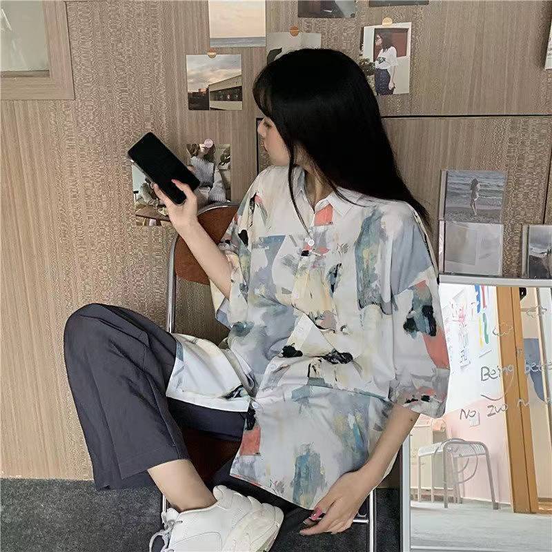 Áo Sơ Mi Tay Ngắn Dáng Rộng Phong Cách Retro Nhật Bản Thời Trang Cho Nữ