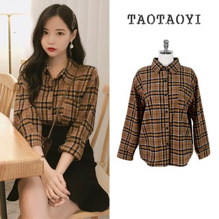 (Order-M) Ulzzang Áo sơ mi kẻ caro nâu M072