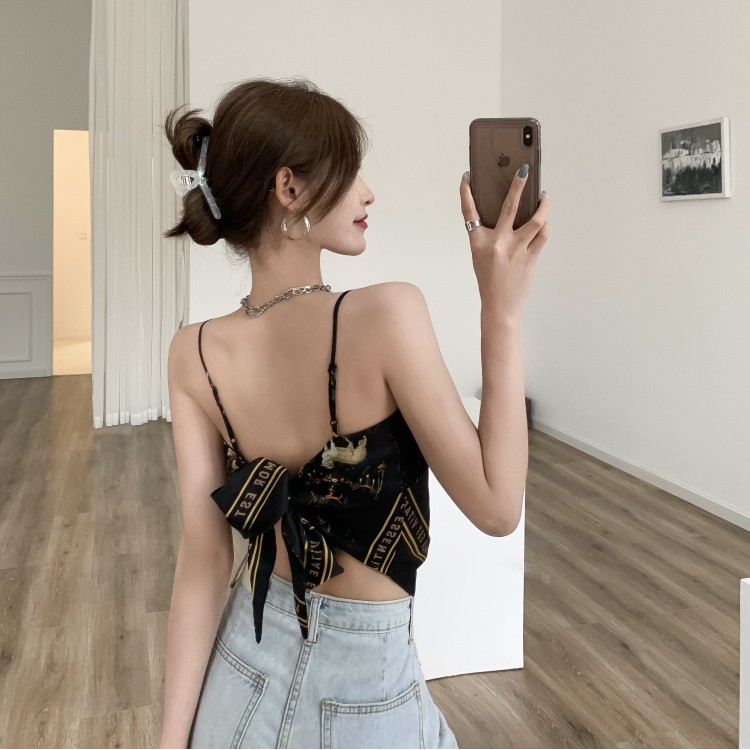 Áo yếm đen họa tiết, áo yếm 2 dây buộc nơ sau lưng hàng Quảng Châu