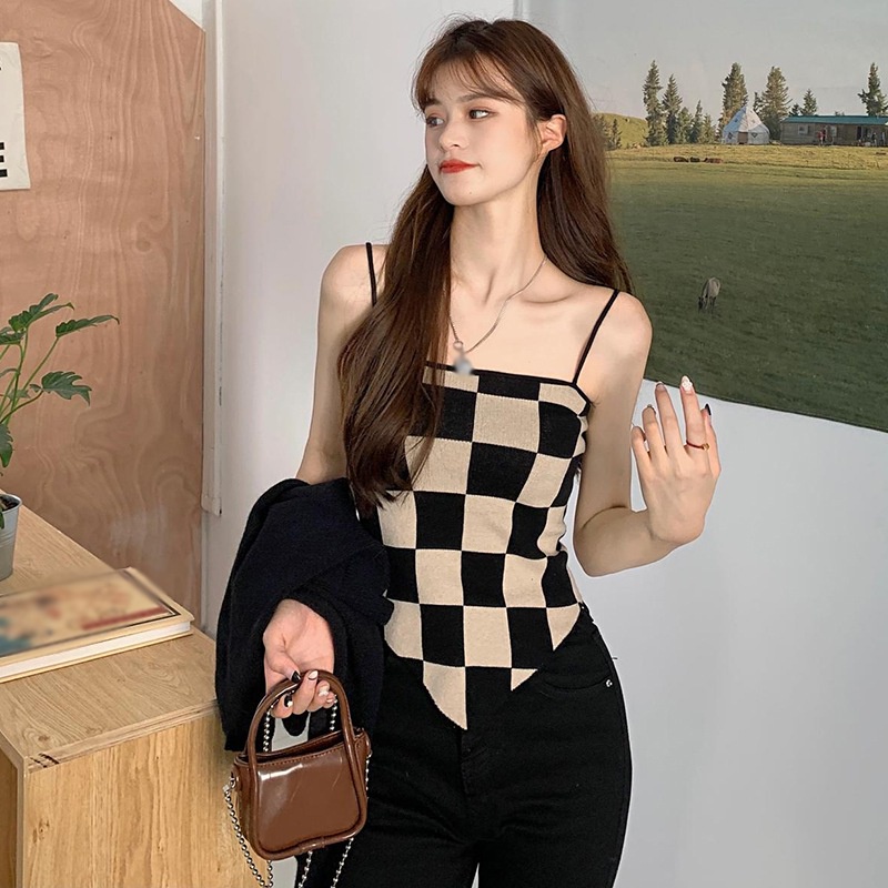 Áo hai dây dệt kim họa tiết sọc caro thiết kế độc đáo thời trang quyến rũ cho nữ