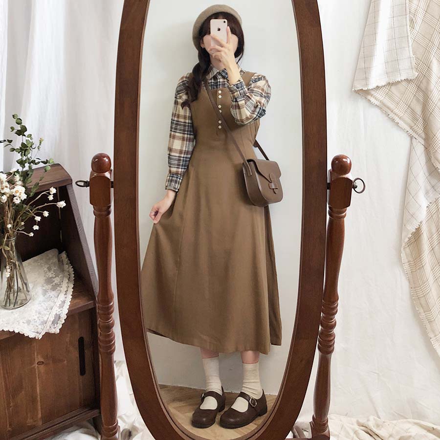 Đầm Sơ Mi Tay Dài Màu Sắc Đơn Giản Phong Cách Hàn Quốc 40780