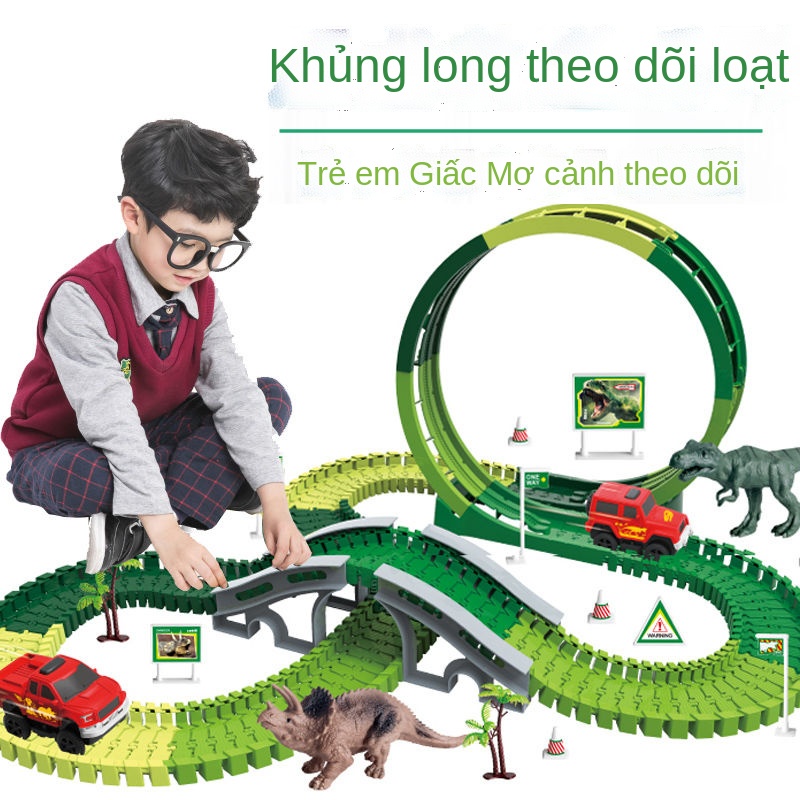 ✠◘❒Xe lửa điện khủng long đồ chơi trẻ em cậu bé câu đố theo dõi bộ não lắp ráp mô phỏng tàu hỏa phiêu lưu kẹt xe