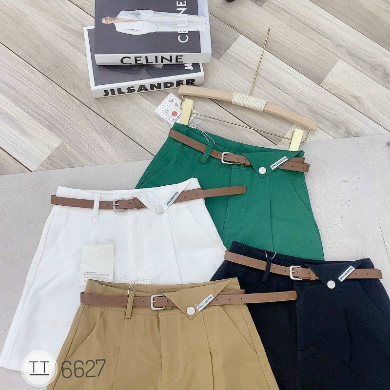 quần đùi nữ vải kaki mềm kèm đai cạp gập 1 cúc lưng cao