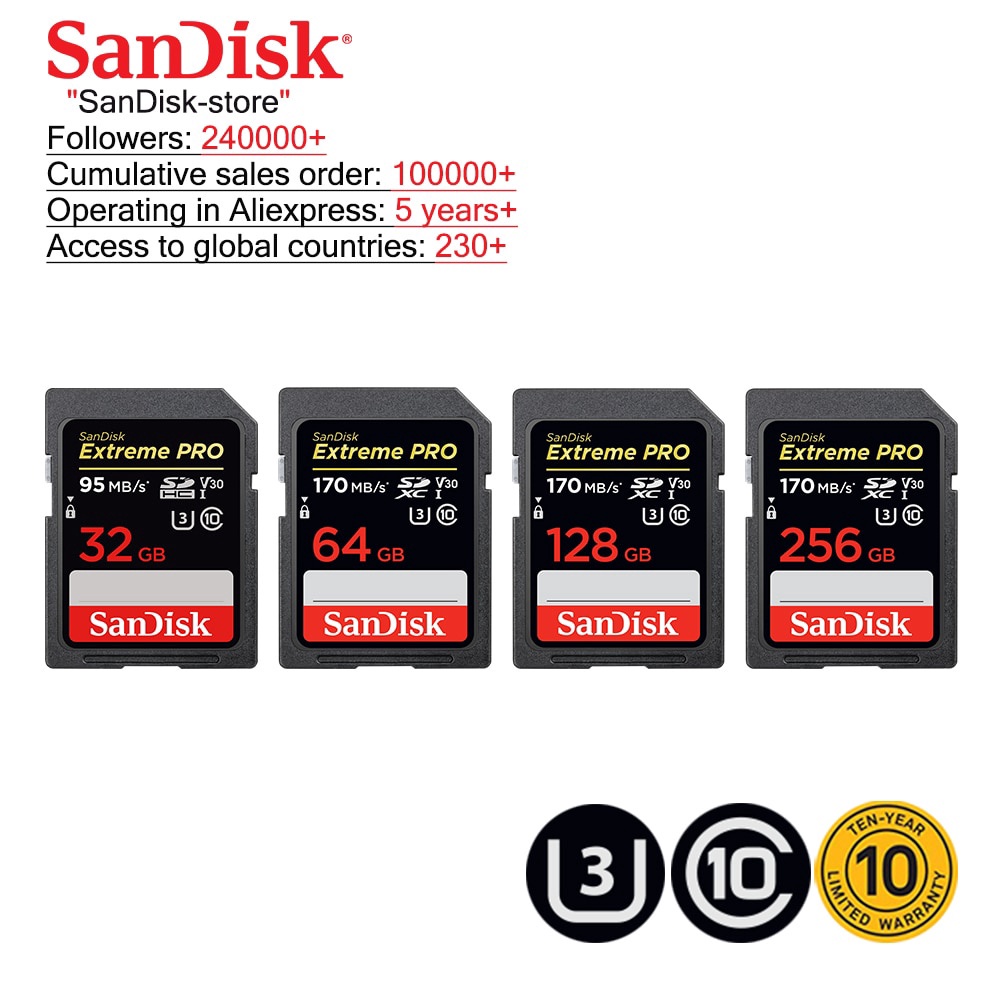 Thẻ Nhớ SanDisk Extreme Pro SDHC 95M / S 64GB 128GB 256GB SDXC UHS-I Class U3 4K 170M / S