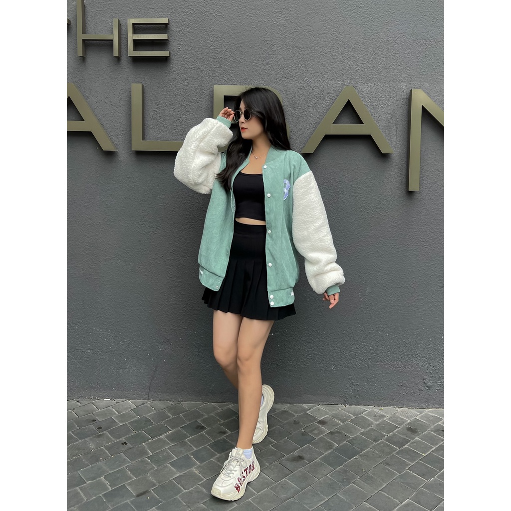 ÁO KHOÁC BOMBER UNISEX ÁO GIÓ TÂY BÔNG MLB VNXK ĐEN XANH MINT - HÀNG CHUẨN VNXK