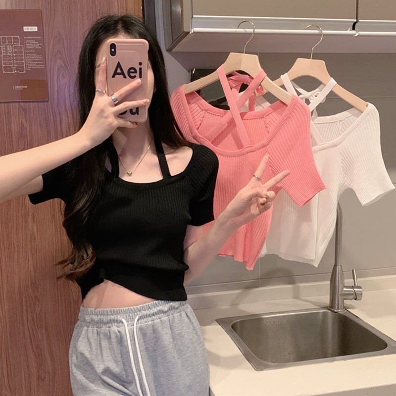 Áo Thun Dệt Kim Ngắn Tay Dây Đan Chéo Lưng Thời Trang