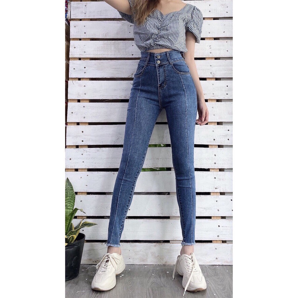 [ SIZE ĐẠI ] Quần dài jeans nữ co giãn cạp siêu cao SAIGONJEAN đắp túi đồng hồ,tua lai,màu xanh QD007