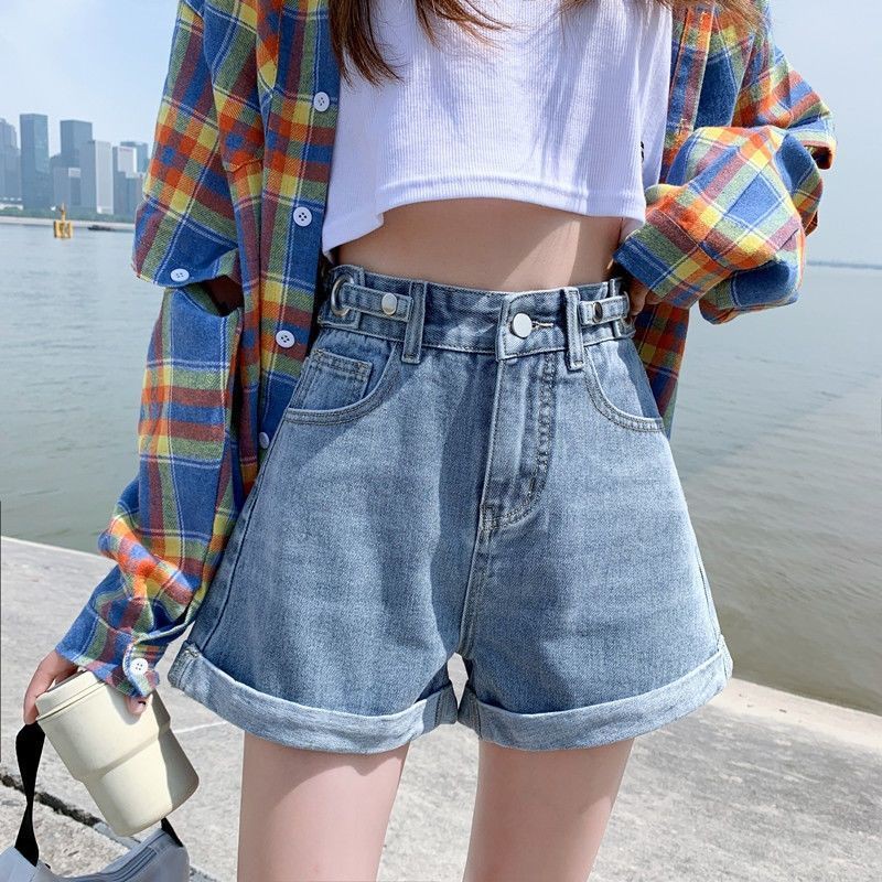 Cao- quần short denim thắt lưng nữ sinh mùa hè 2021 phiên bản Hàn Quốc của ống rộng ôm vừa vặn phù hợp với tất hot