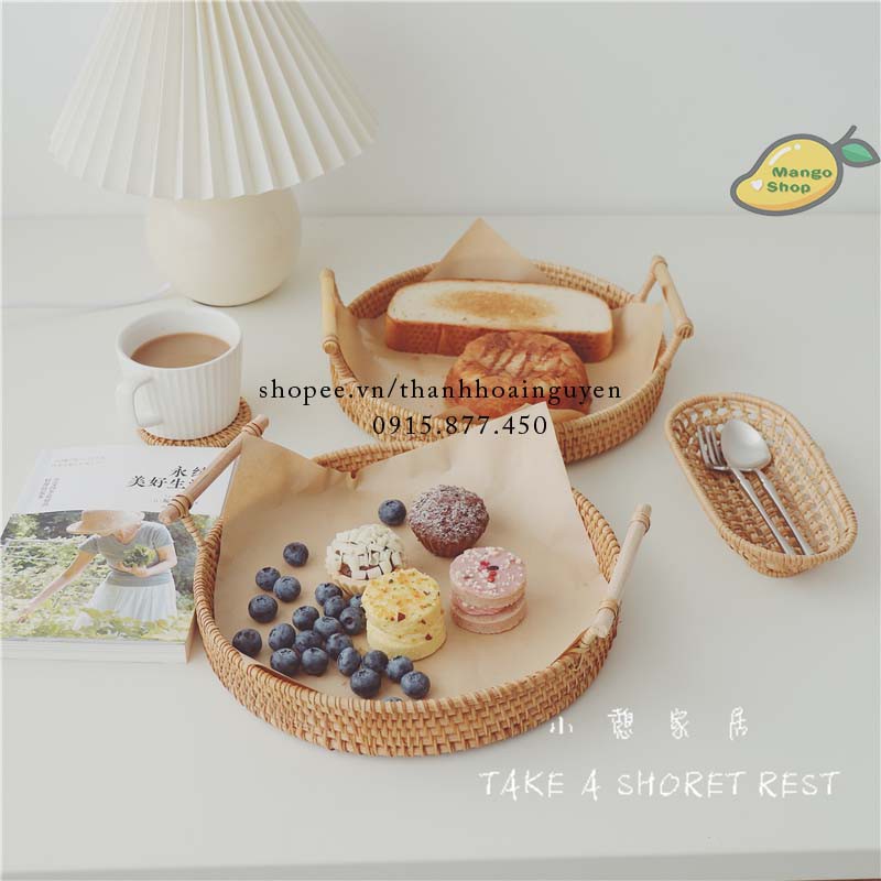 Khay mây tròn có tay cầm đựng bánh snack trái cây ( Giỏ mây decor bánh trái cây chụp ảnh )